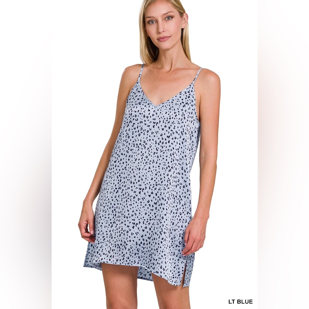 645 Zenana Outfitters Blue satin slip Animal Print Midi Dress